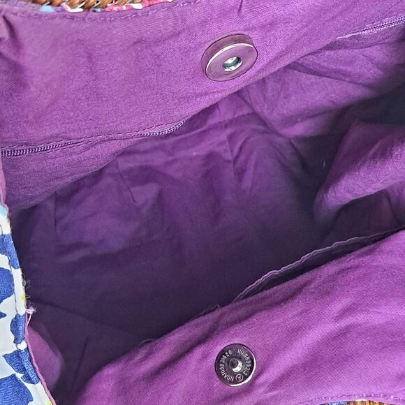 Bamboo Double Rattan Wrapped Handled Colorful Floral Print Round Cotton Bag - Picture 11 of 12